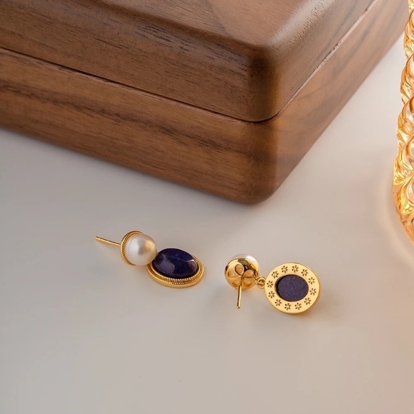 18K Gold Plated White Pearl Natural Oval Lapis Stone Earrings - Picture 3 of 7